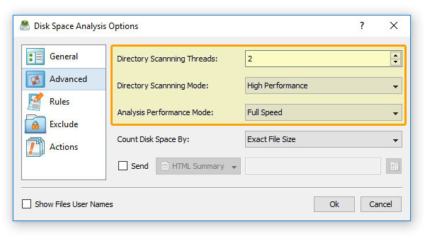 Disk Space Analysis Performance Options
