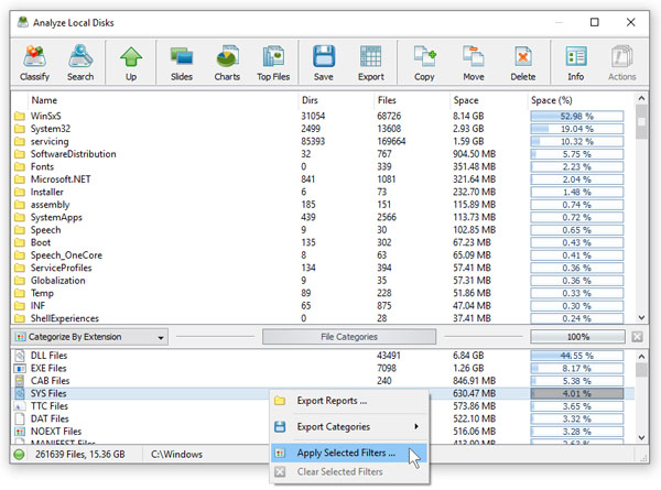 Disk Space Analysis Categories and Filters