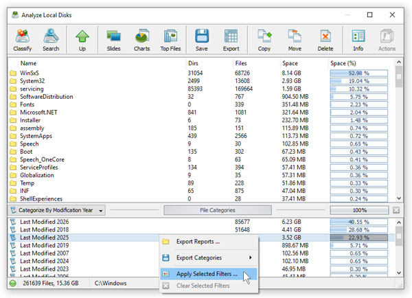 DiskSavvy Fillter Disk Space Analysis Results Per Year