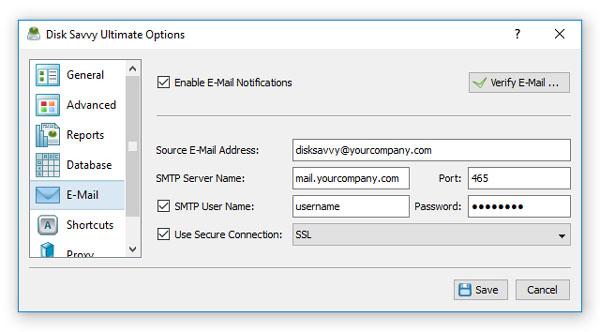 DiskSavvy Server E-Mail Notifications Options